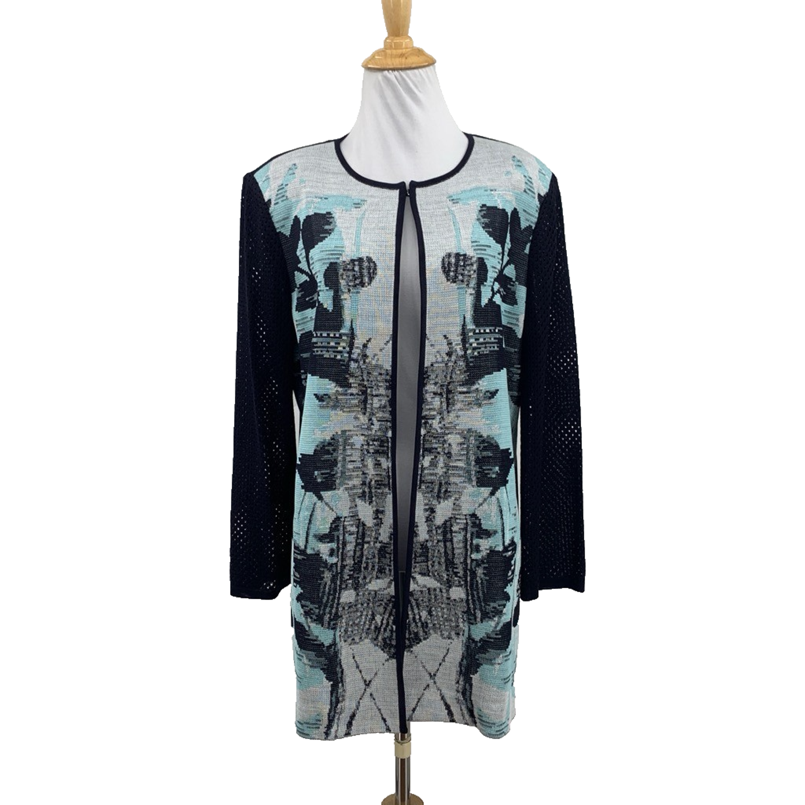 Misook Jacket Womens M Medium Textured Floral Motif Open Knit Sleeve Longline
